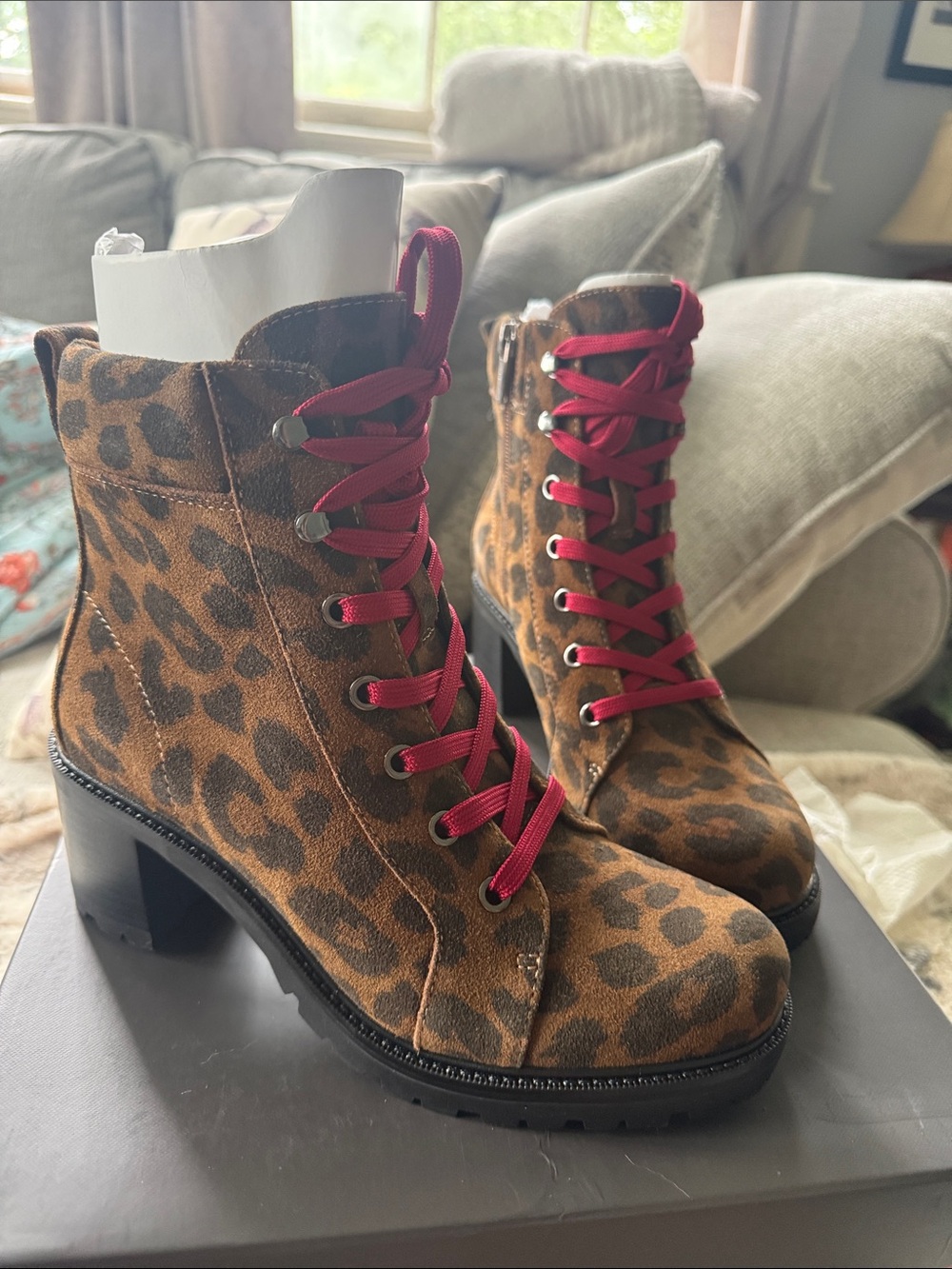 Vince Camuto Leopard Suede Lace-Up Ankle Boots with Red Laces